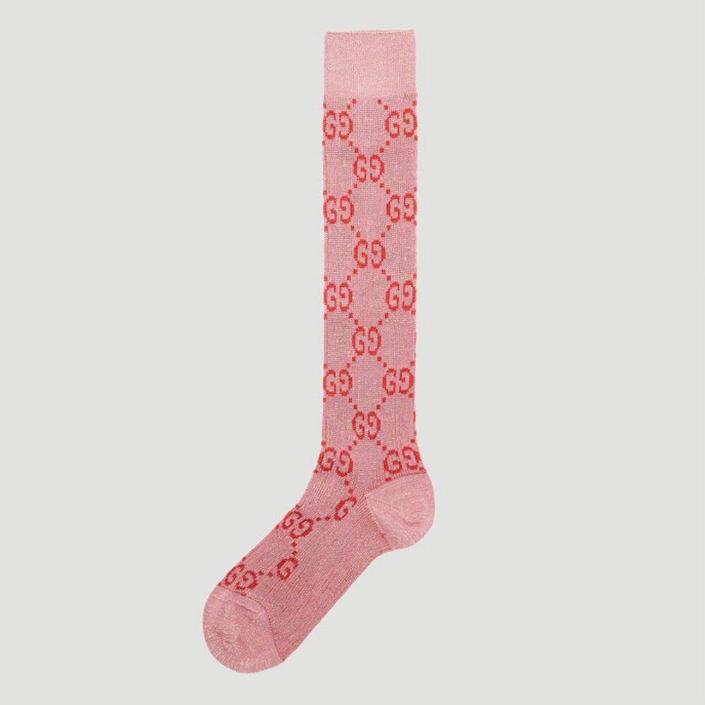 Gucci Metallic Interlocking GG Motif Calf Socks Size Medium in Pink/Roseate